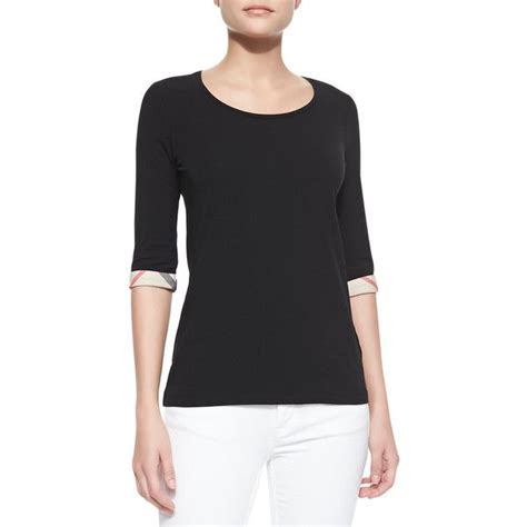 burberry brit 3/4-sleeve check-cuff scoop tee black|Tops .